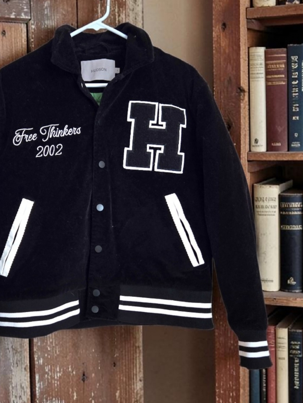 Hudson Free Thinkers 2002 Black Corduroy Varsity Jacket Sz L Quilted Lining